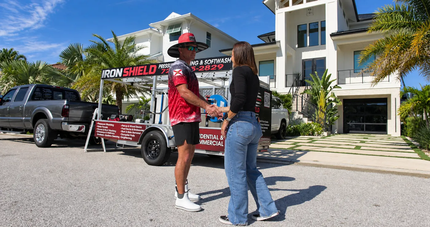 Iron Shield owner shaking hands with a customer on the driveway, the branded truck and trailer parked behind them