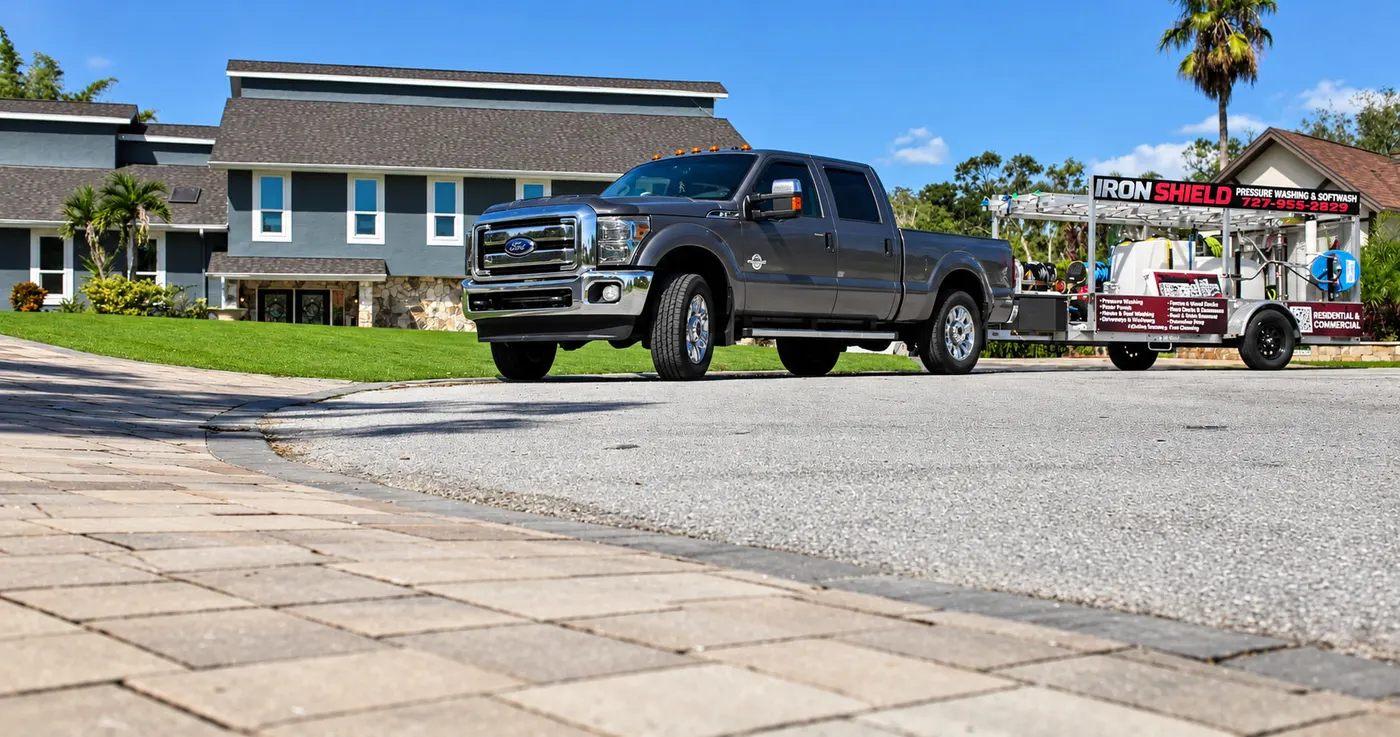 Iron Shield pickup truck and fully equipped pressure washing trailer parked on a paver drive, ready for a commercial storefront job