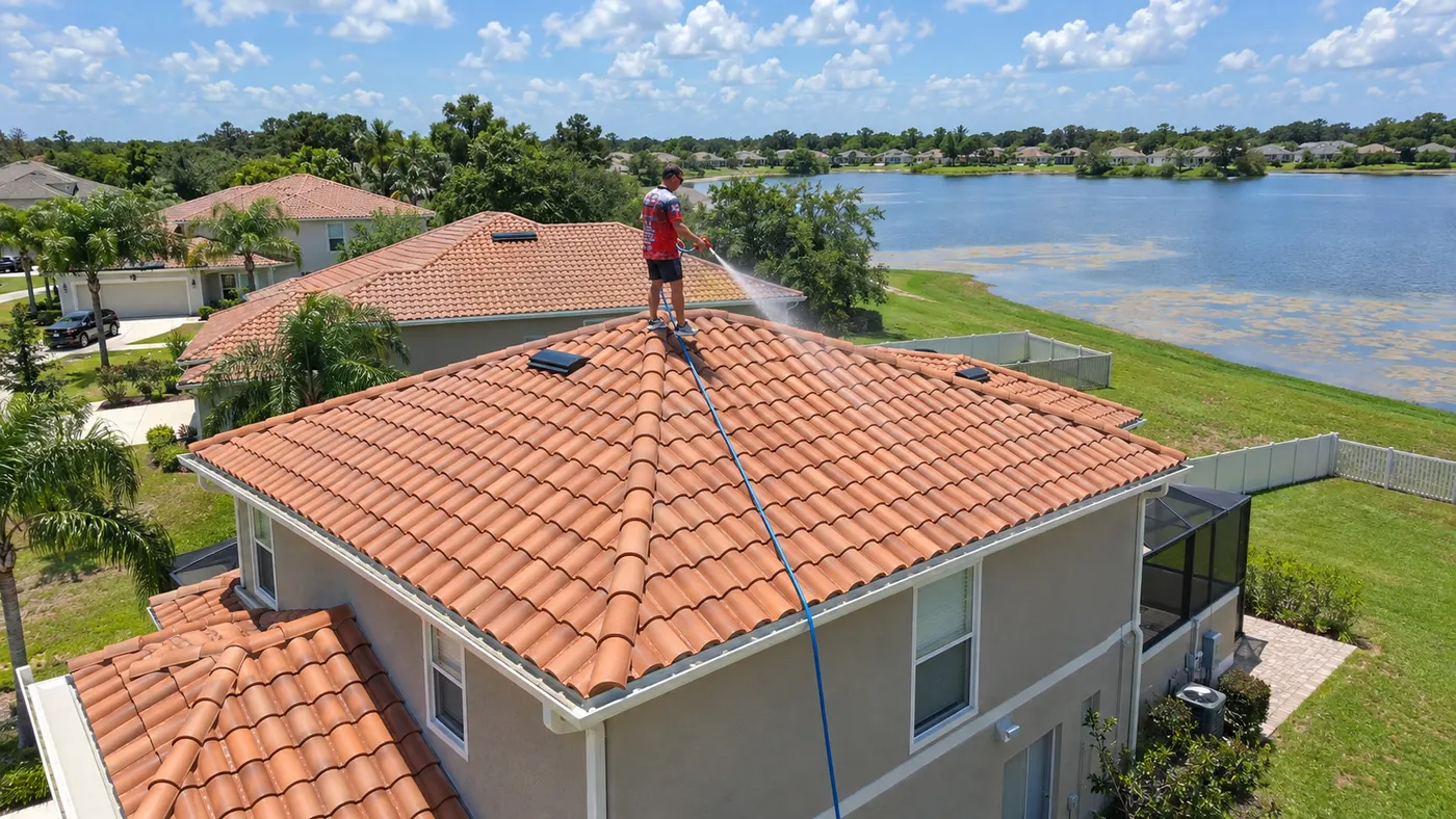 Aerial view of an Iron Shield technician working across a terracotta tile roof with pressure washing equipment