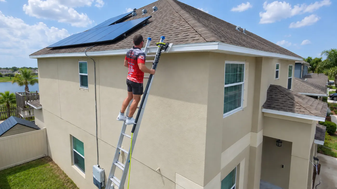 Iron Shield technician reaching the gutter edge of a two-storey home from a ladder, working beneath the roof solar array